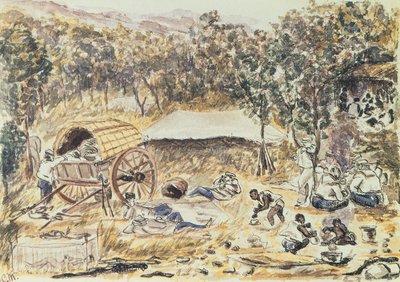 Aftenstop på rejsen til at søge en vej for Lady Nyasas transport fra vandfaldet til søen, ca. 1863 (wc på papir) af English School